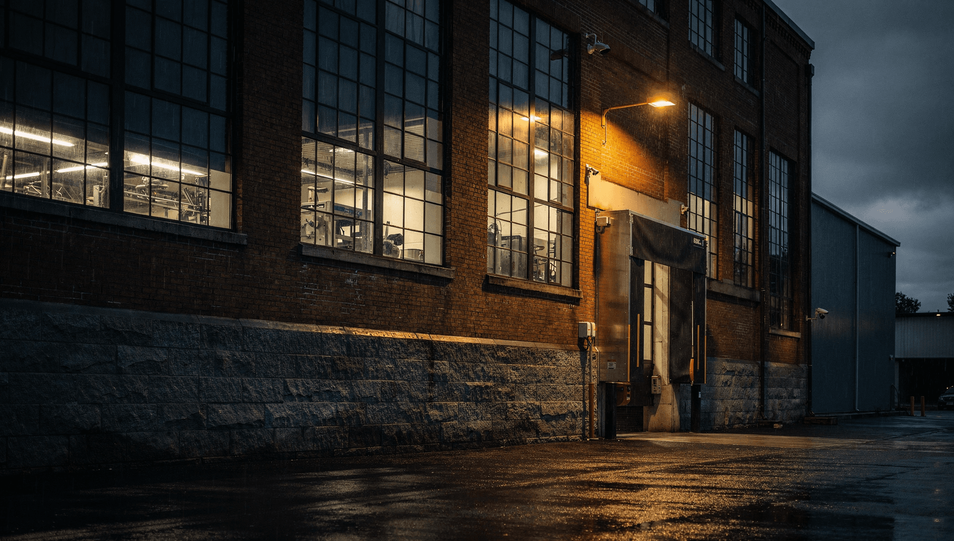 A restored red-brick New England mill exterior at dusk, its manufacturing floor glowing through tall windows.