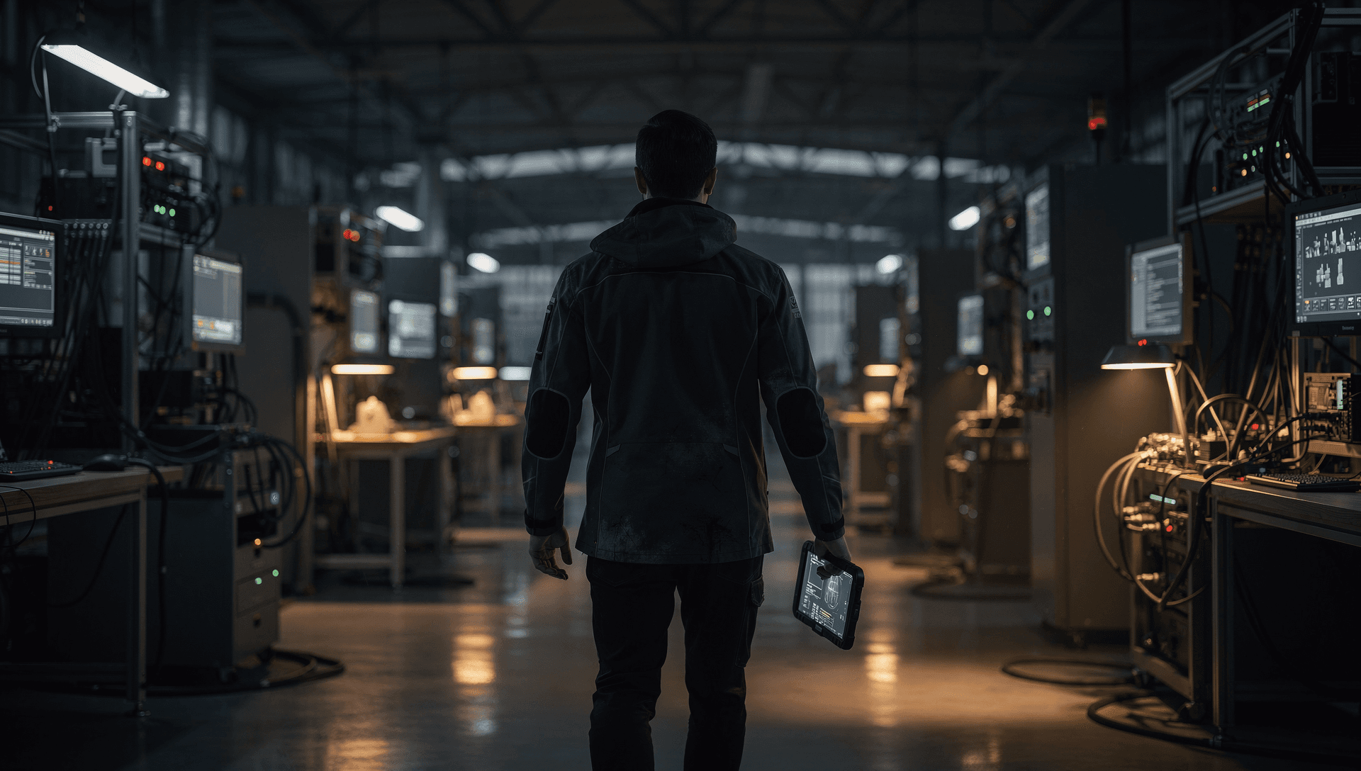 An operator seen from behind walking a dim electronics production aisle, carrying a rugged tablet.