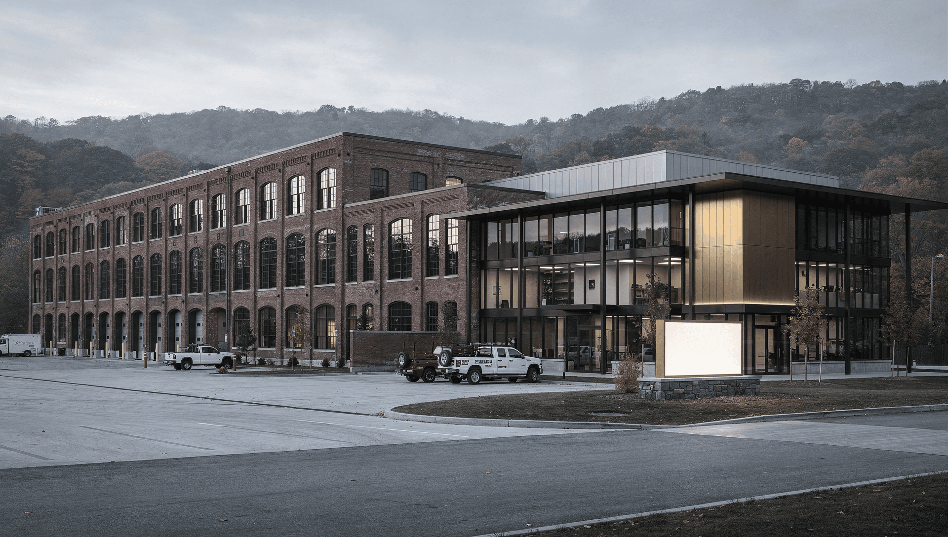 A restored New England brick mill building with a modern glass-and-steel advanced-manufacturing annex, in a wooded industrial corridor.