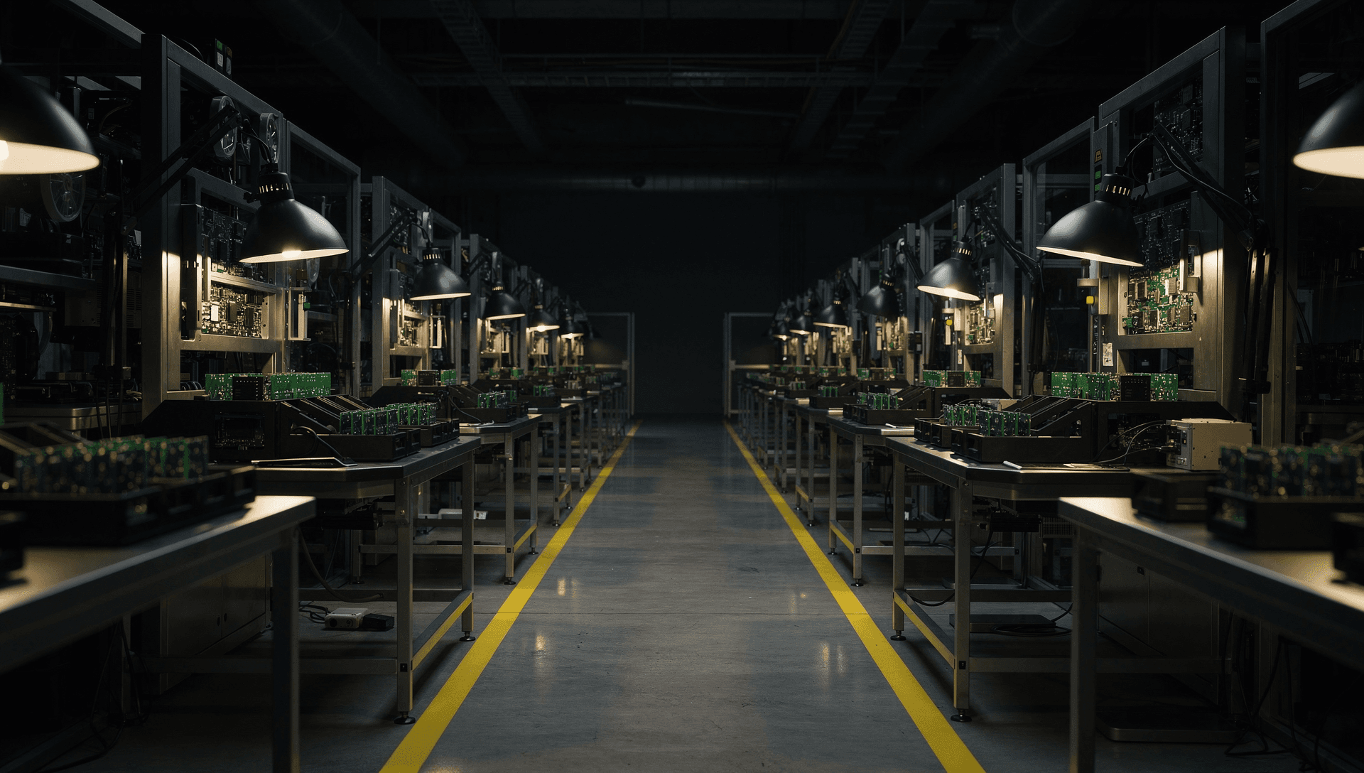 A precision-manufacturing shop floor organized to a standard-work system: two orderly rows of CNC cells, tape lanes, and a visual-management board.