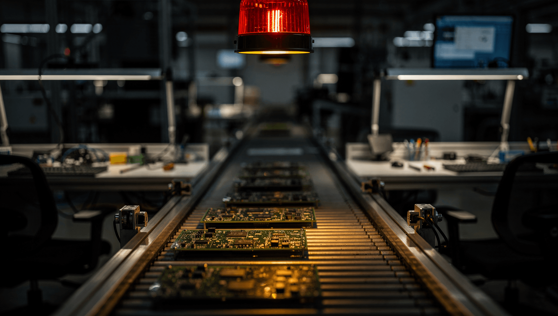 A paused electronics assembly line under a glowing red andon beacon, circuit boards queued on the stopped conveyor.