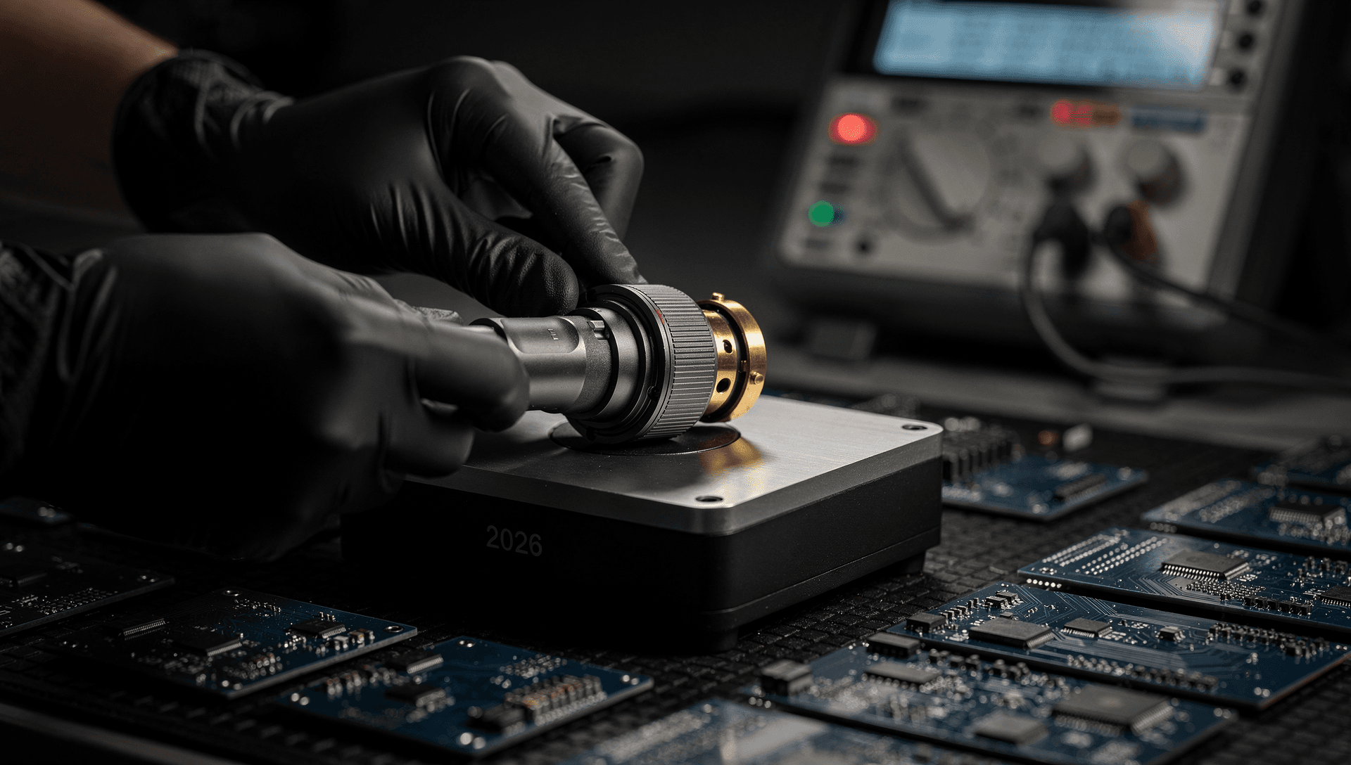 A machinist's hands checking a freshly machined aluminum part with digital calipers at an inspection bench.